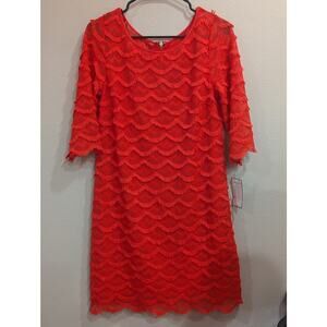 Tomato color 3/4 length sleeve scalloped and fringed midi dress, Jessica Howard